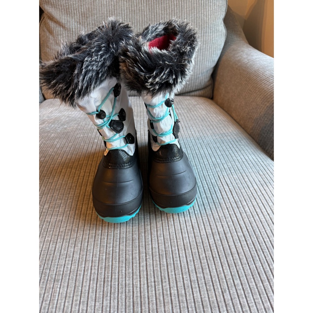 Kamik Kids Waterproof Snow Boots White Black Teal Faux Fur Trim Size 4 SFN14201